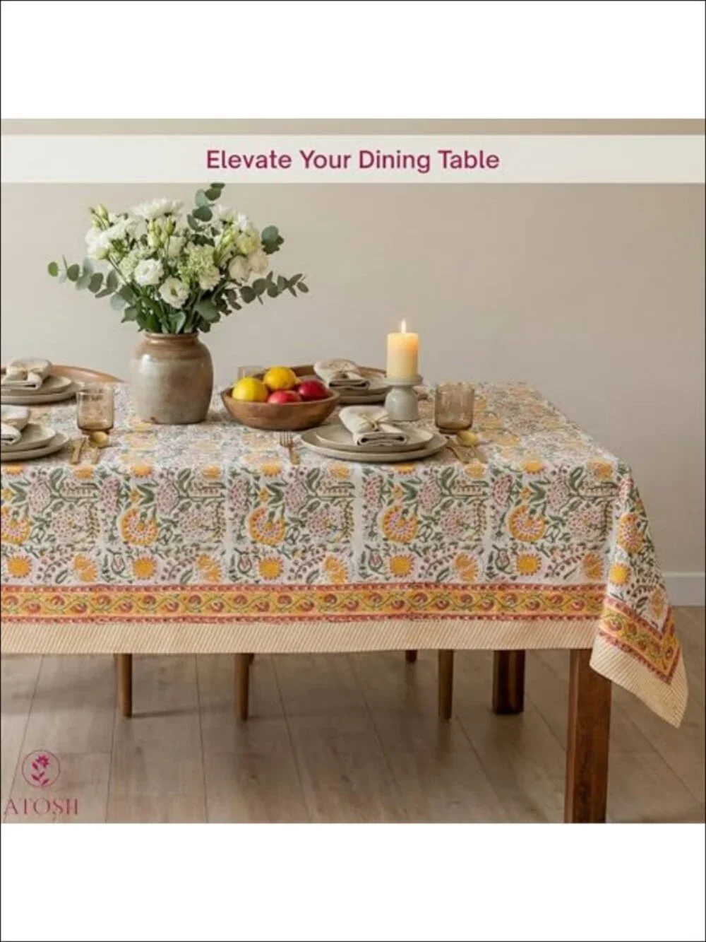Handmade 100% Cotton Block Print Floral Rectangle Tablecloth 60x90